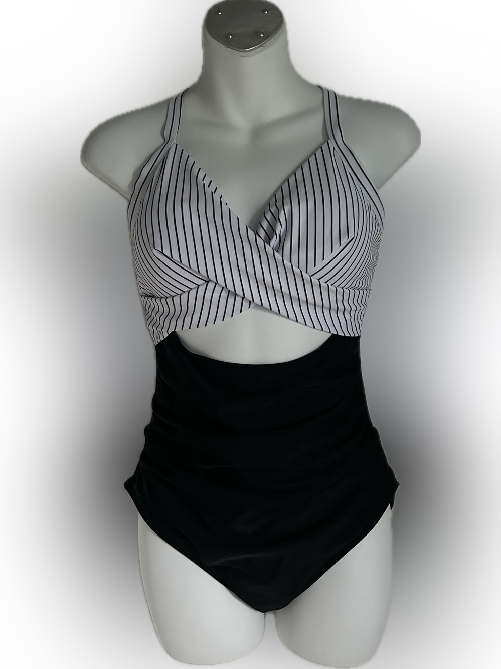 Striped Wrap-Front Black & White One-Piece Swimsuit